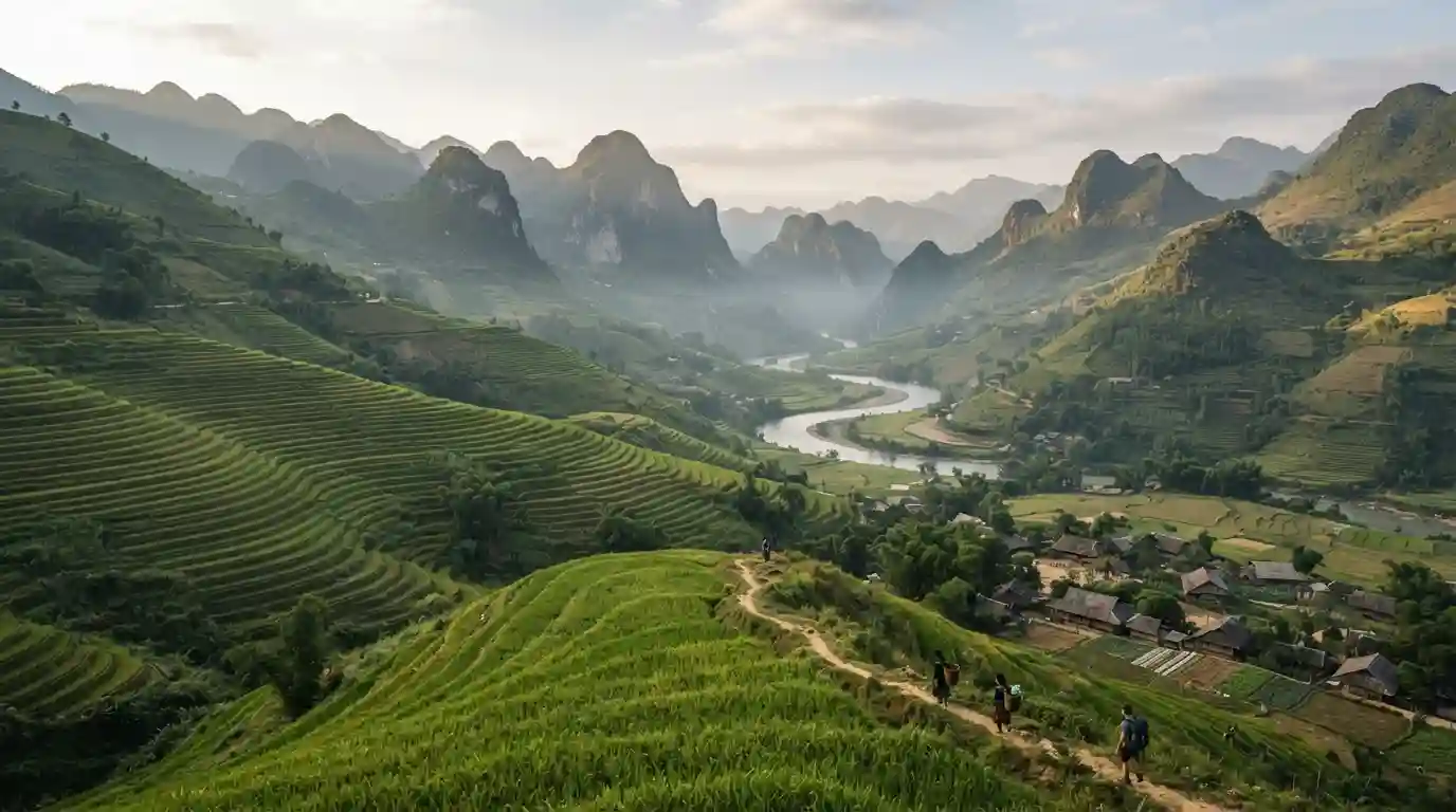 Lush rice terraces and limestone mountains in Northern Vietnam