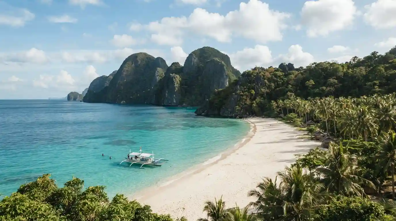 Tropical Philippine coastline with turquoise water, white sand, palm trees, and limestone islands