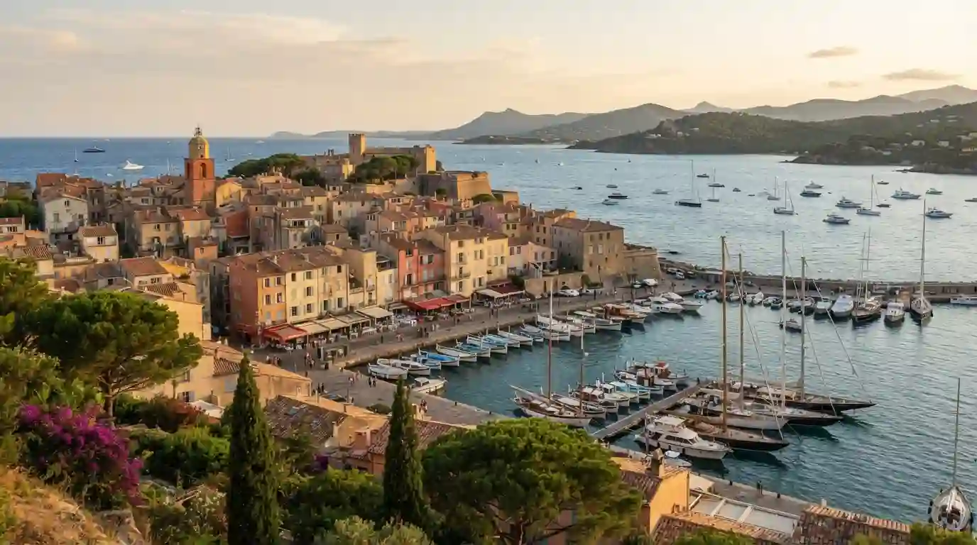 Saint-Tropez waterfront with colorful buildings, yachts, and Mediterranean coastline