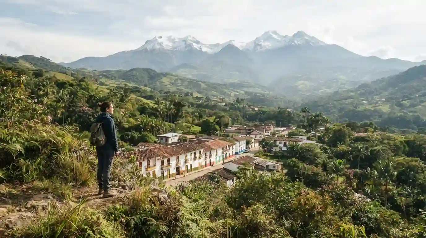 Traveler overlooking a scenic South American mountain and city landscape