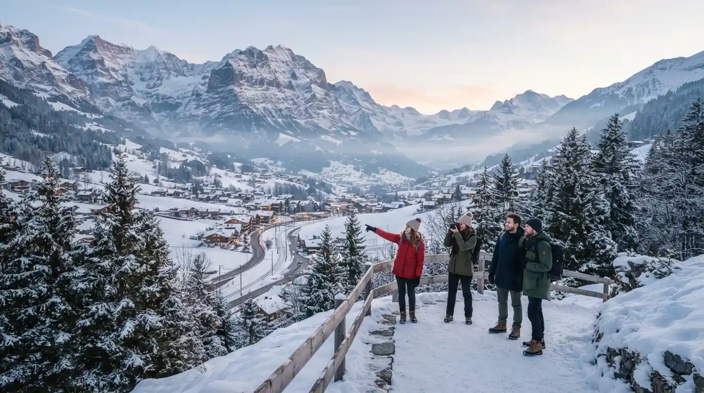 Snow-covered mountain destination with evergreen trees and travelers enjoying a winter landscape
