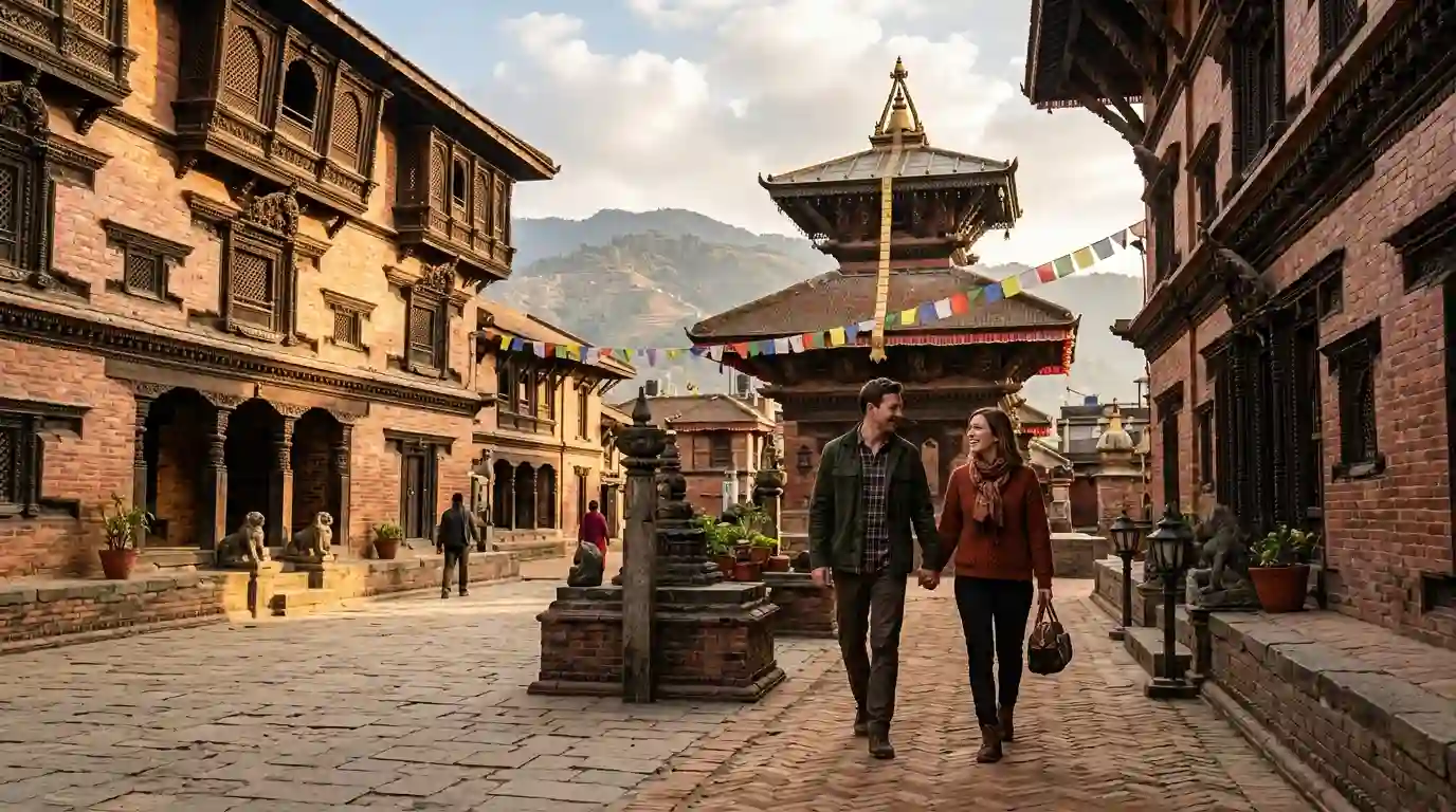 A couple exploring a traditional Kathmandu Valley courtyard surrounded by historic Newari architecture.
