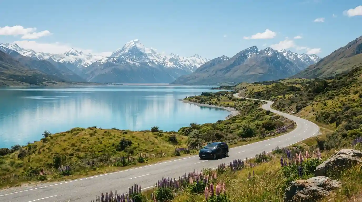 Scenic New Zealand summer landscape with an alpine lake, mountains, and a winding road
