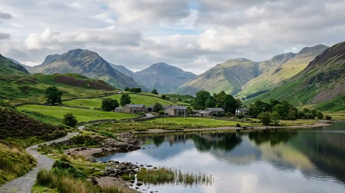 Lake District lake surrounded by green hills and traditional stone cottages in northern England.