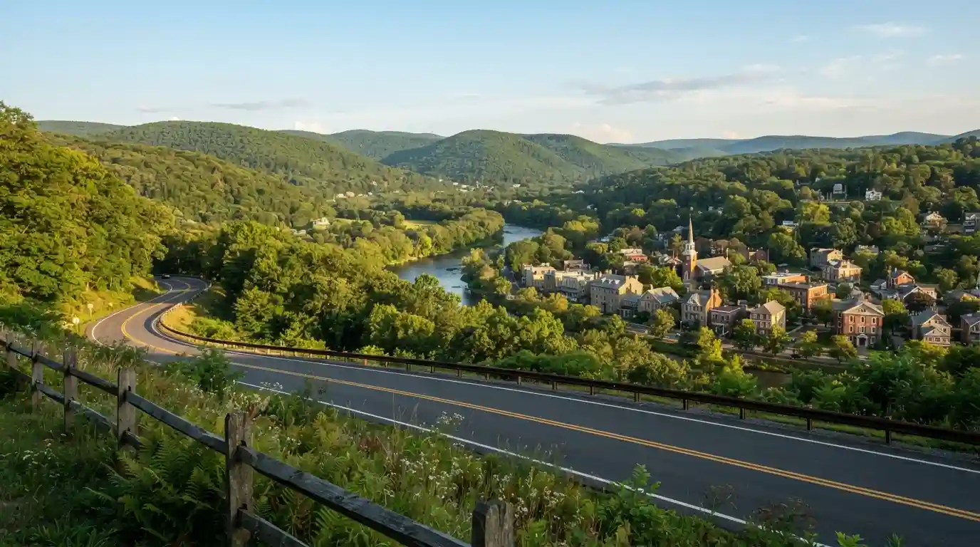 Scenic Pennsylvania summer landscape with green hills, forest, river, and historic town