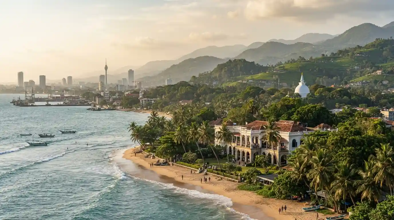 Tropical Sri Lankan coastline with lush greenery, historic architecture, and distant hills near Colombo