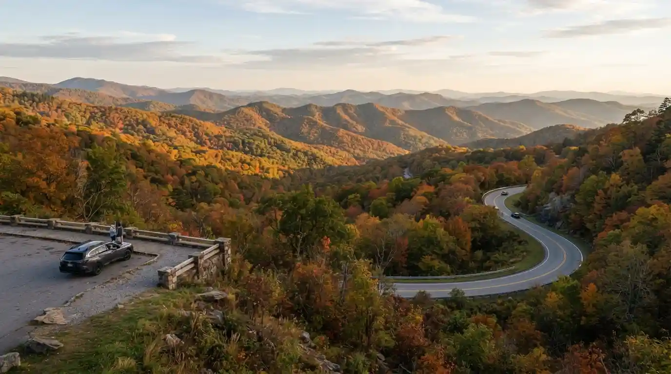 Autumn mountain landscape and scenic road in Tennessee surrounded by colorful fall foliage
