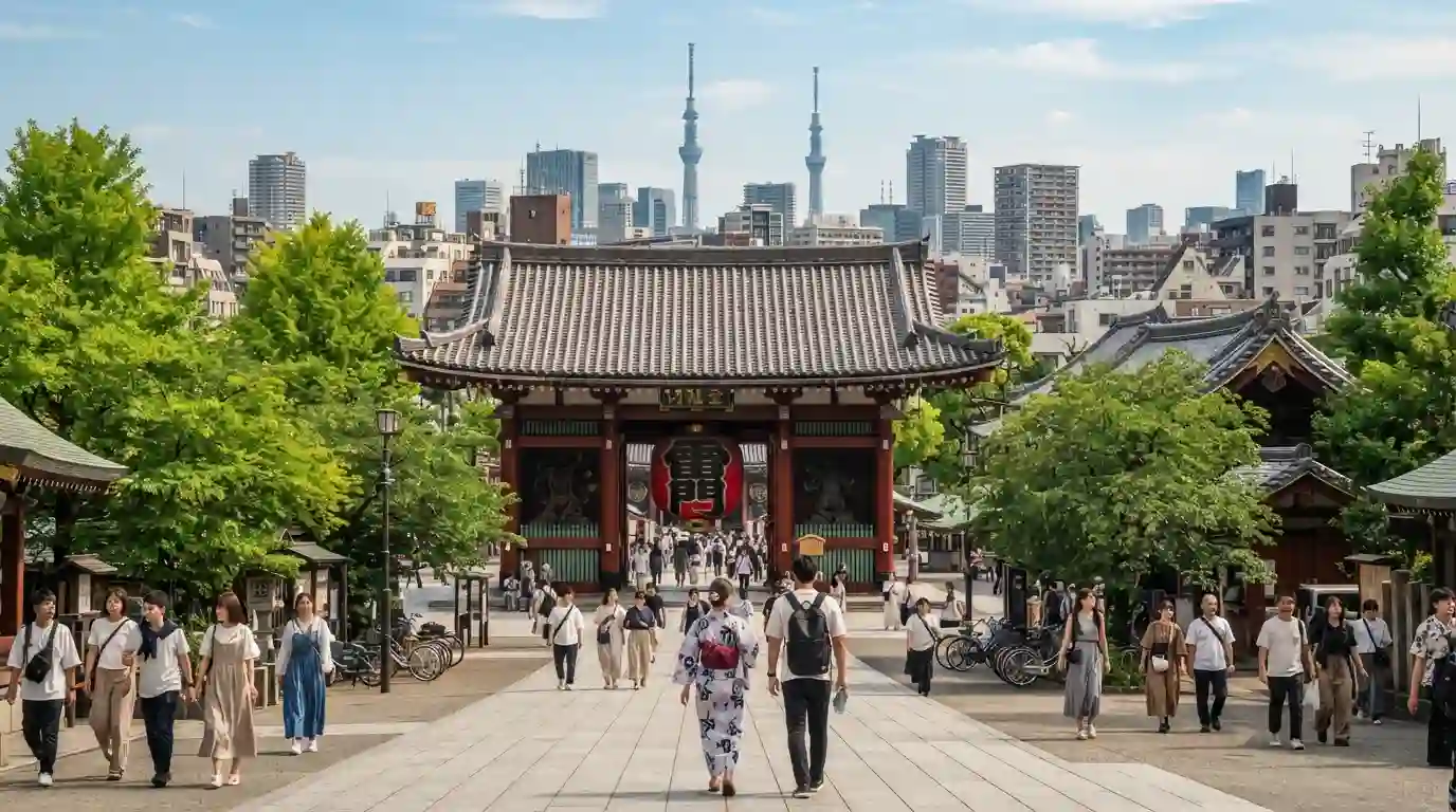 Traditional Tokyo temple and modern city skyline surrounded by lush summer greenery