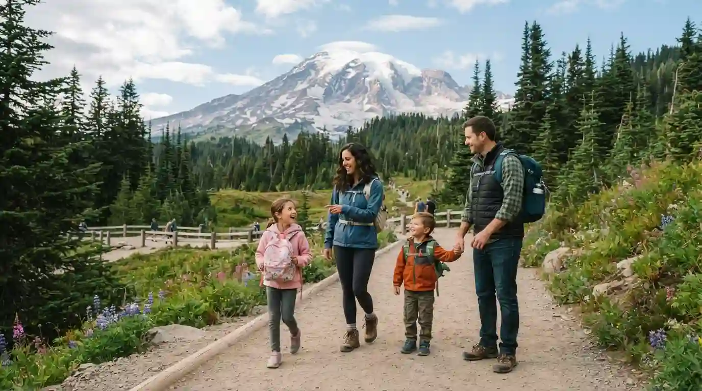 Family with children exploring a scenic Washington State trail with Mount Rainier in the background
