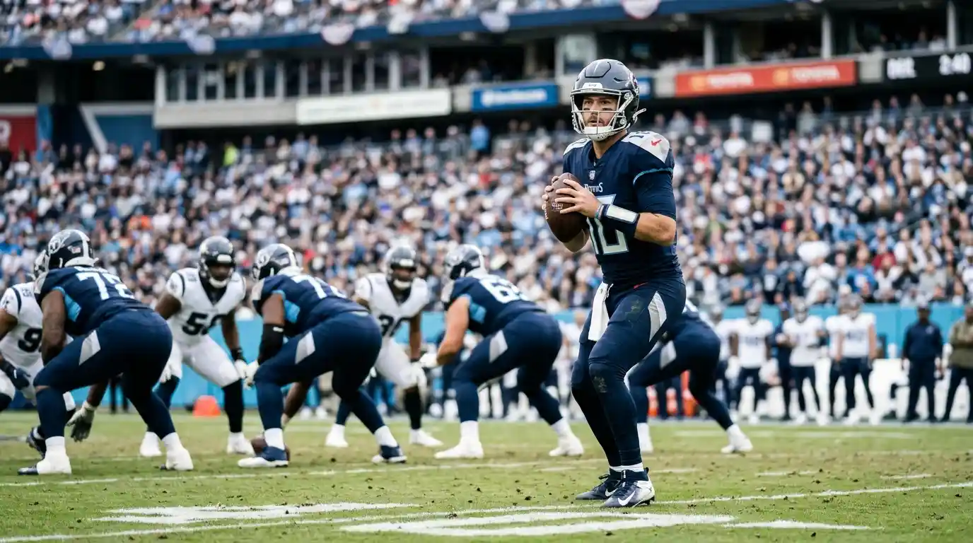 Veteran quarterback in a blue football uniform preparing to make a pass on the field.