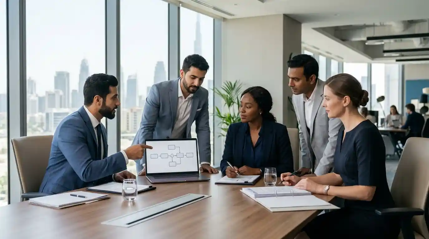 Business professionals reviewing a streamlined workflow in a modern Dubai office.