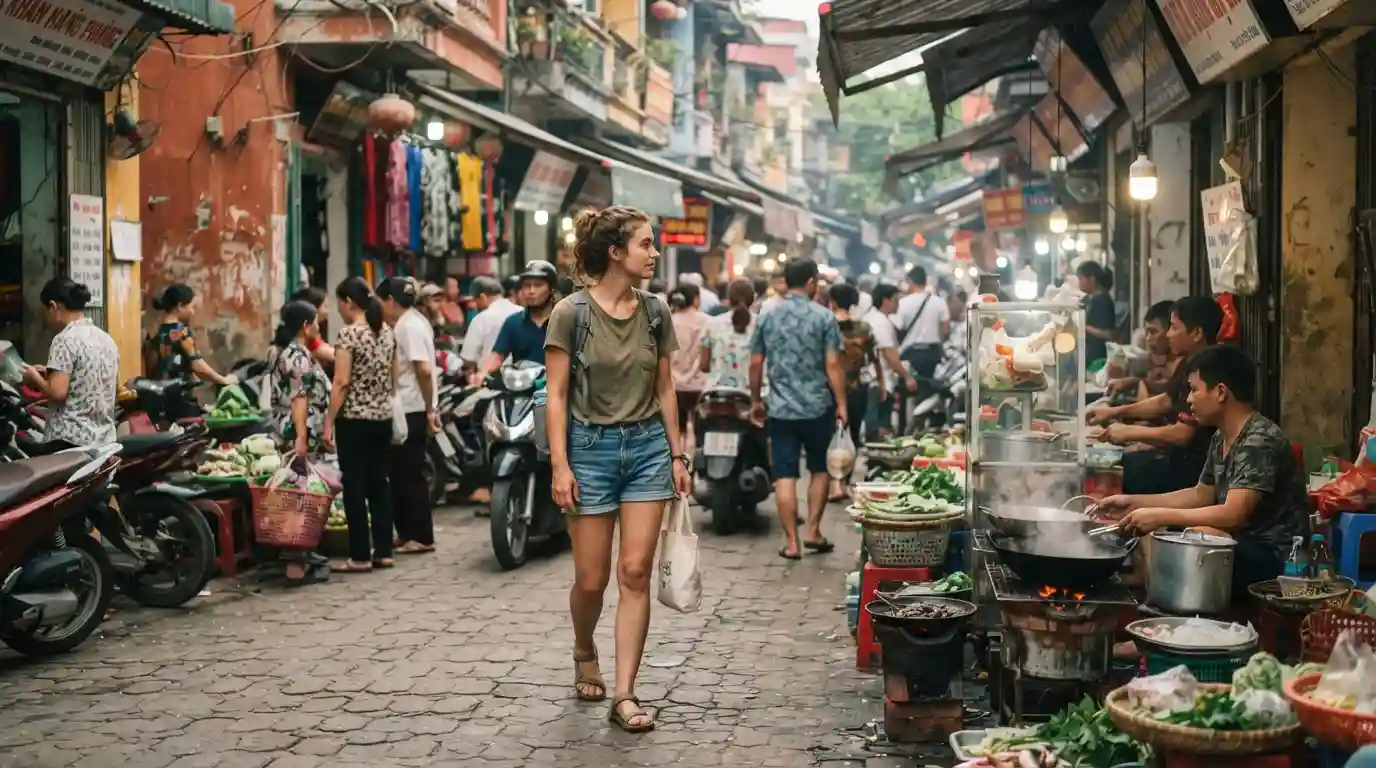 Traveler exploring an affordable local street market during an international budget trip