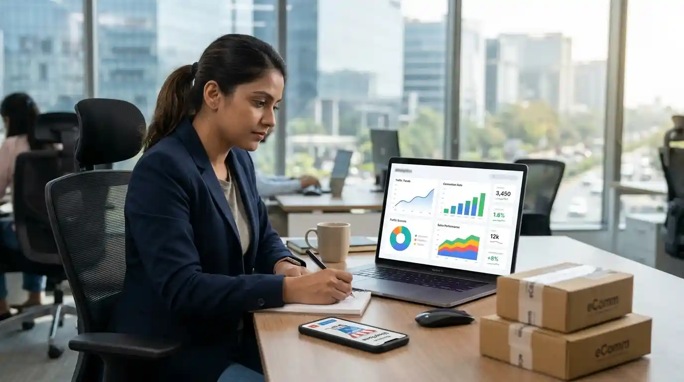 An eCommerce marketing professional reviewing sales analytics and conversion performance on a laptop in a modern Gurugram office.