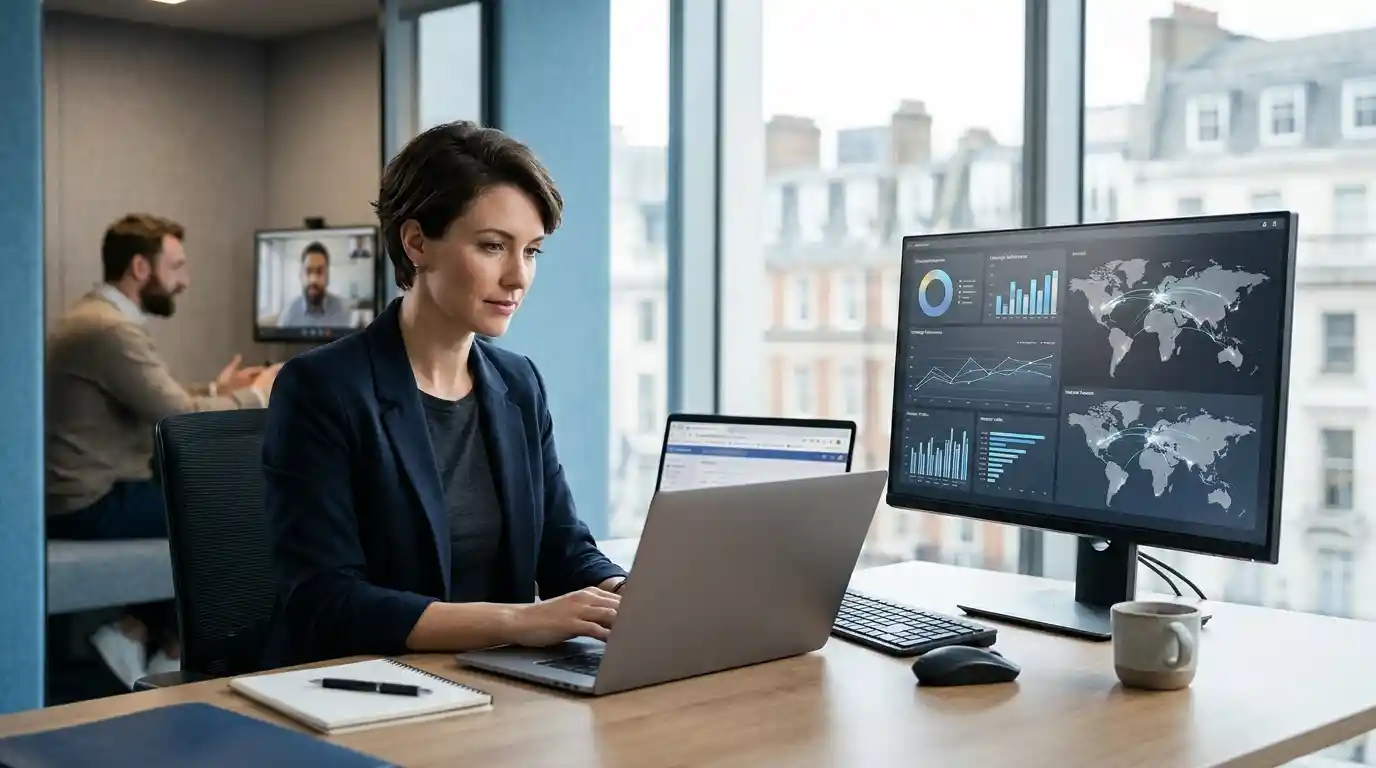Marketing professional reviewing digital campaign analytics while collaborating with a remote team.