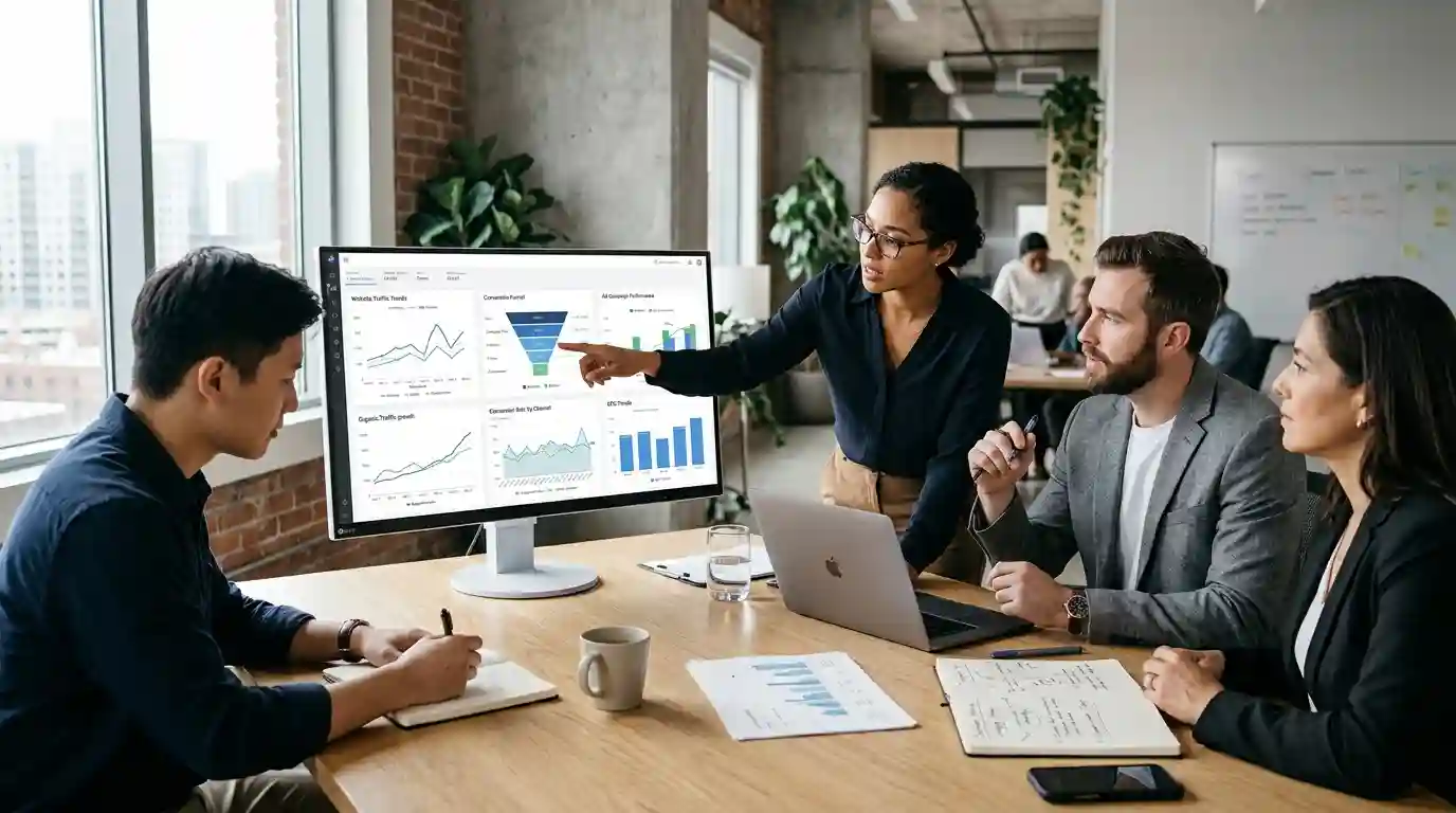 Marketing professionals reviewing digital advertising campaigns and performance analytics in an agency office.