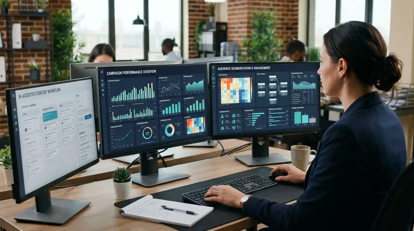 Marketing strategist reviewing digital advertising analytics and campaign performance dashboards in a modern office.