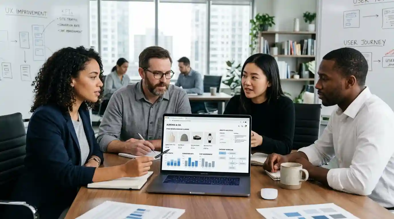 E-commerce professionals reviewing an online store interface and website improvement plans on a laptop.