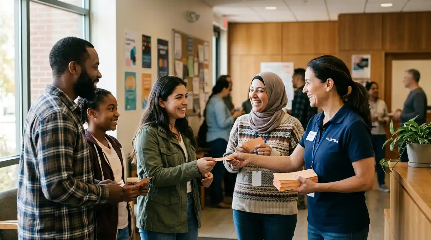 A nonprofit volunteer distributing complimentary event tickets to community members at a community center.