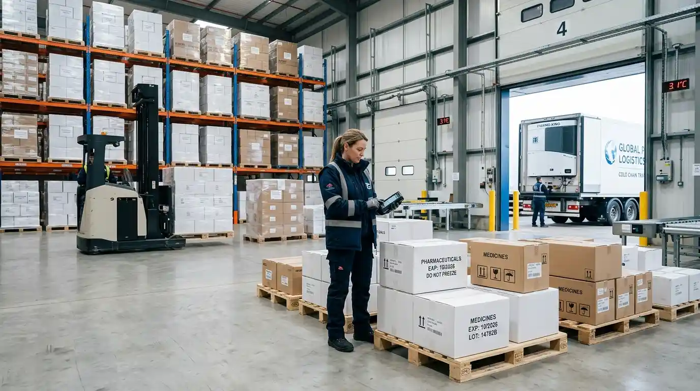 Pharmaceutical cartons in a temperature-controlled distribution warehouse with a logistics professional checking monitoring equipment.