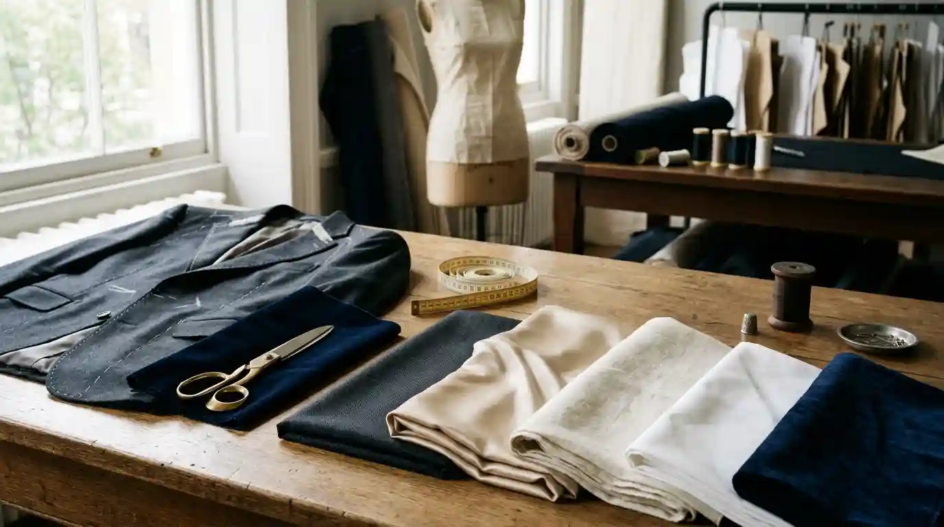 Premium wool, silk, linen, cotton, and velvet fabrics arranged beside a tailored jacket in a fashion atelier.