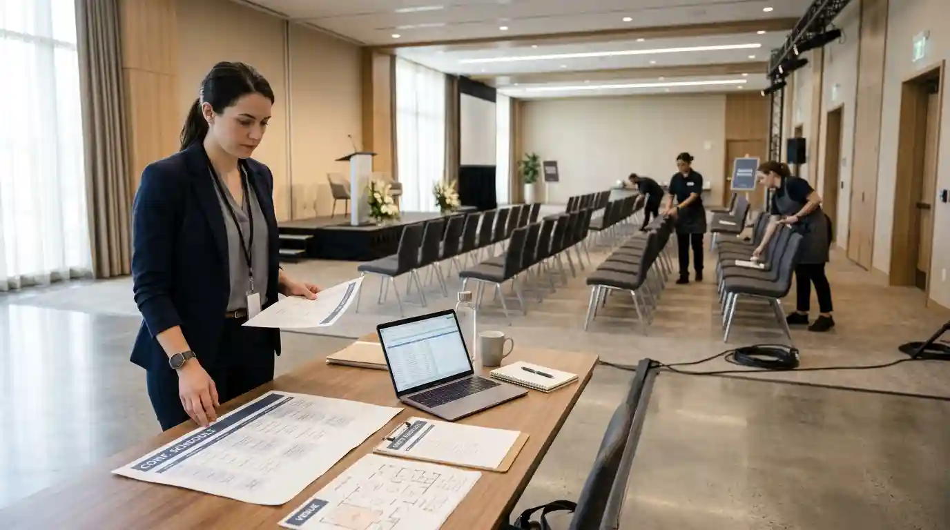 Event organiser reviewing a schedule and venue layout while preparing a conference space.