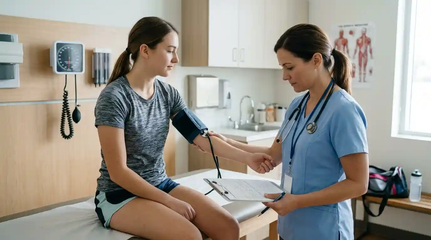 Athlete receiving a routine physical examination from a healthcare professional in a clinical room.