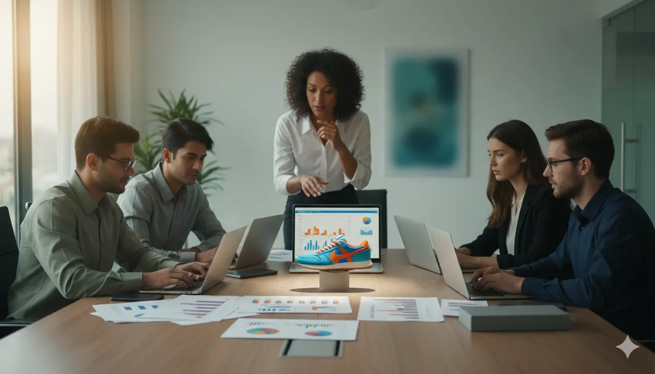 An e-commerce team identifying the odd one out while reviewing products and sales data during a strategic reunion meeting.