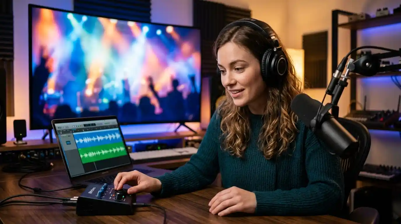 A beginner exploring music with headphones, a microphone, audio equipment, and visual entertainment displays in a creative studio.