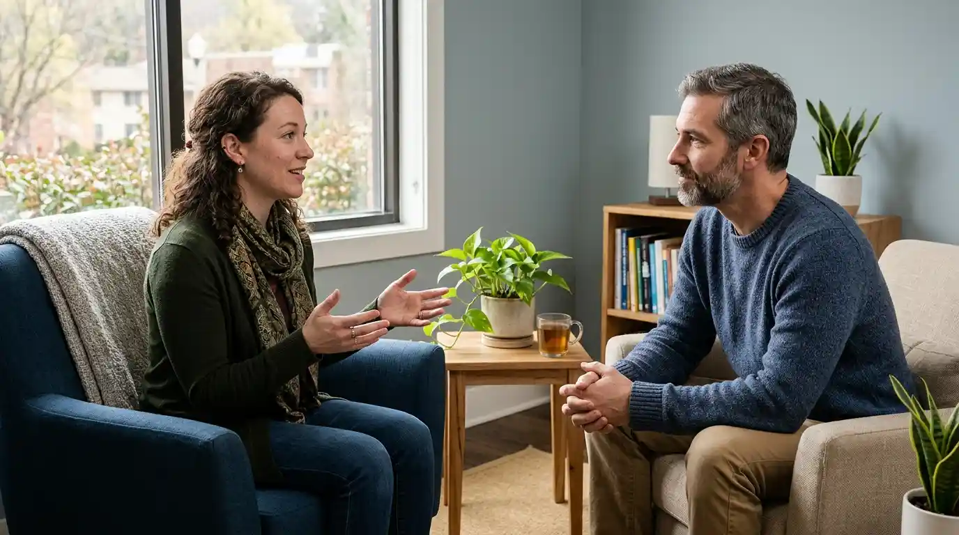 Two adults having a supportive conversation in a calm counselling room.