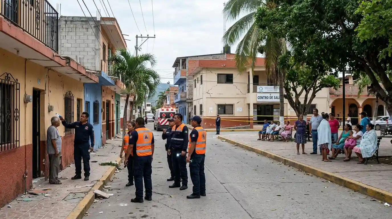 Emergency responders and residents in a Guerrero, Mexico, street following an earthquake.