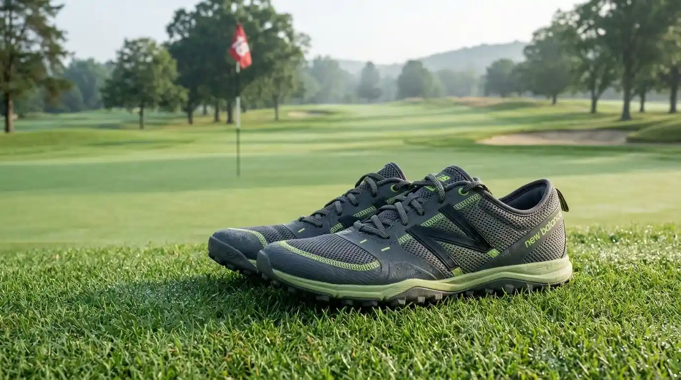 Lightweight mesh Minimus Sport golf shoes with a low-profile sole on a golf-course green.