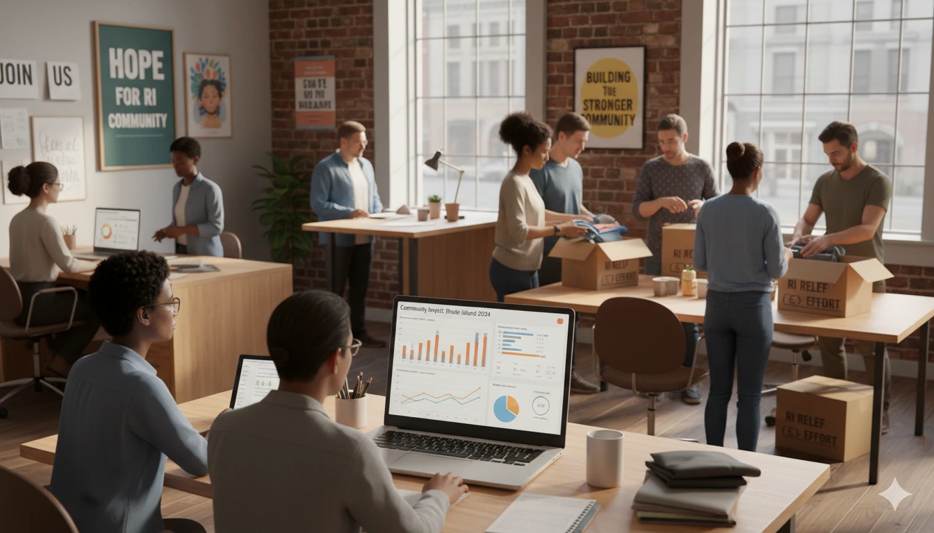 Photorealistic nonprofit organization office in Rhode Island with staff and volunteers collaborating