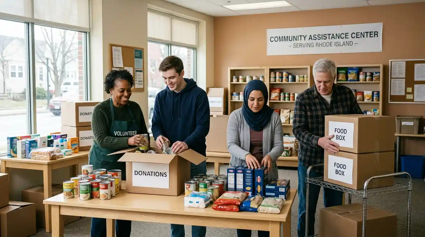 Volunteers organizing donated food and essential supplies at a community nonprofit center.