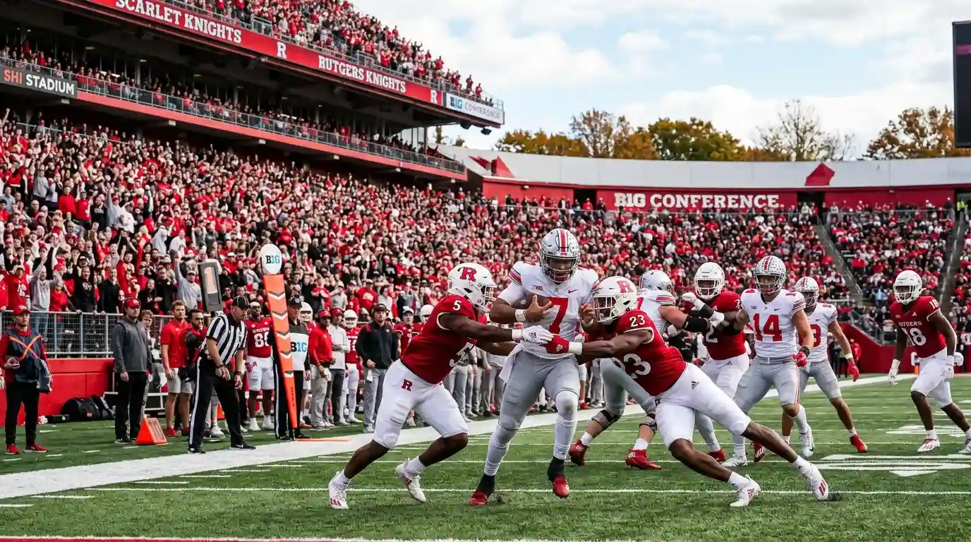 Ohio State Buckeyes and Rutgers Scarlet Knights players competing during a college football game.