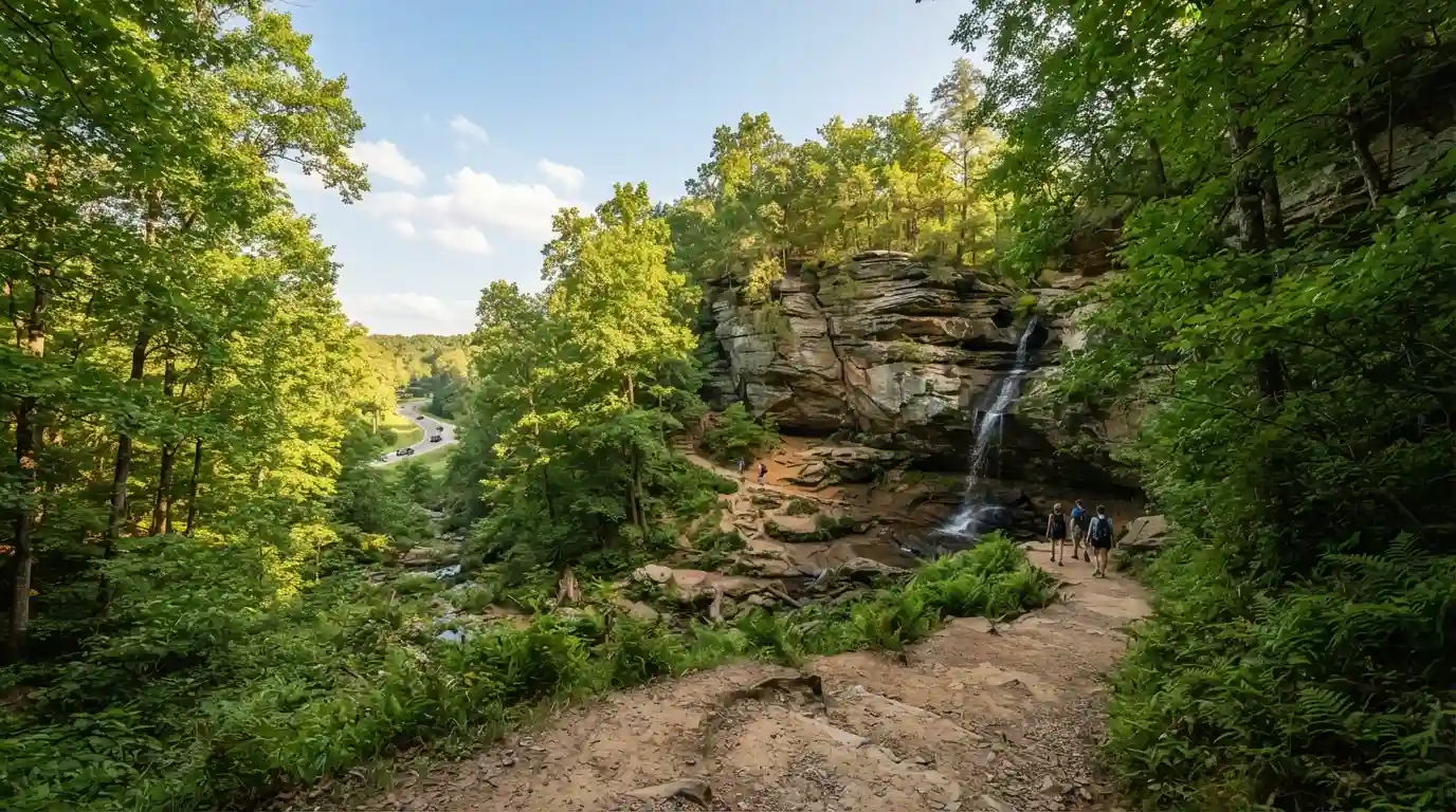 Scenic Ohio summer landscape with a forest trail, sandstone cliffs, and waterfall