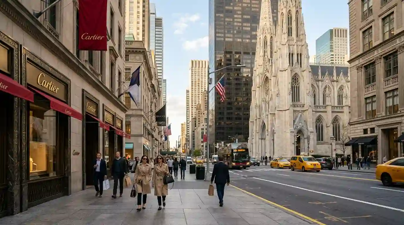 Fifth Avenue in Manhattan featuring elegant storefronts, historic architecture, and busy city sidewalks.