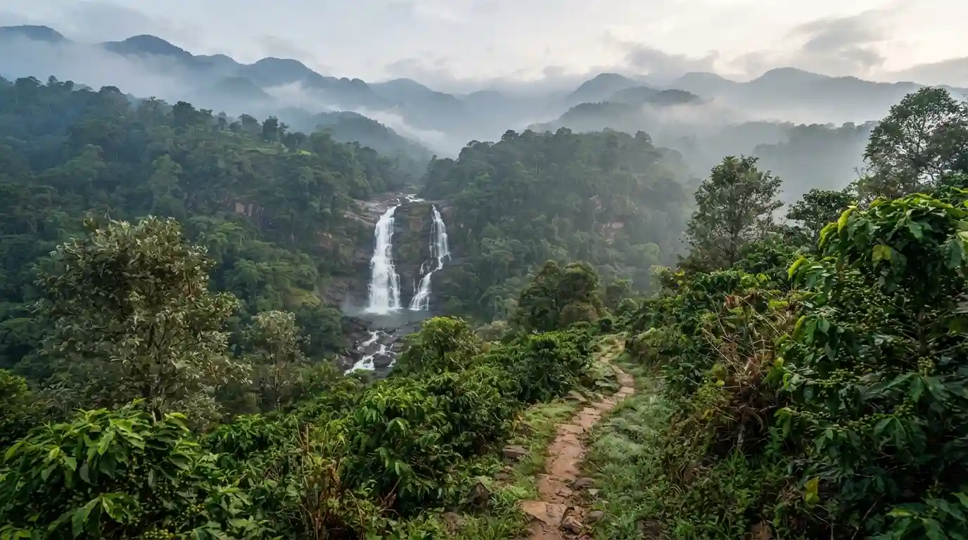 Misty green hills, coffee plantation, and waterfall landscape in Coorg, Karnataka