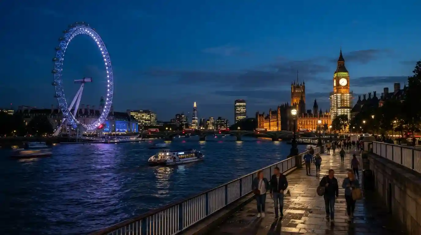 London skyline illuminated at night with the London Eye, Big Ben, and the River Thames