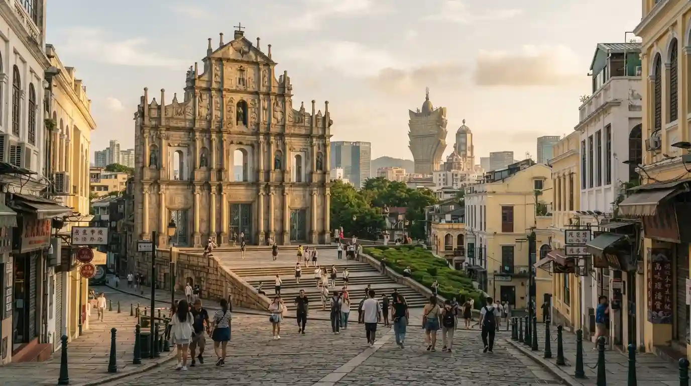 Ruins of St. Paul's and historic Macau streets during a sightseeing trip