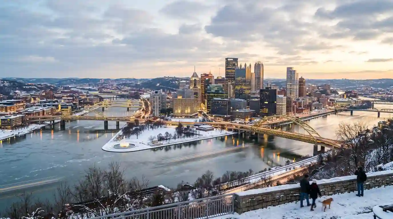 Pittsburgh skyline and riverfront viewed from an elevated overlook during winter.