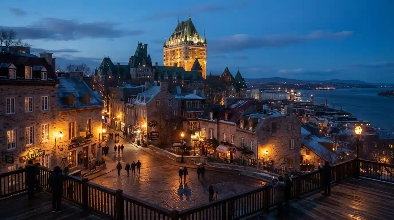 Illuminated Château Frontenac and historic Old Quebec streets at night