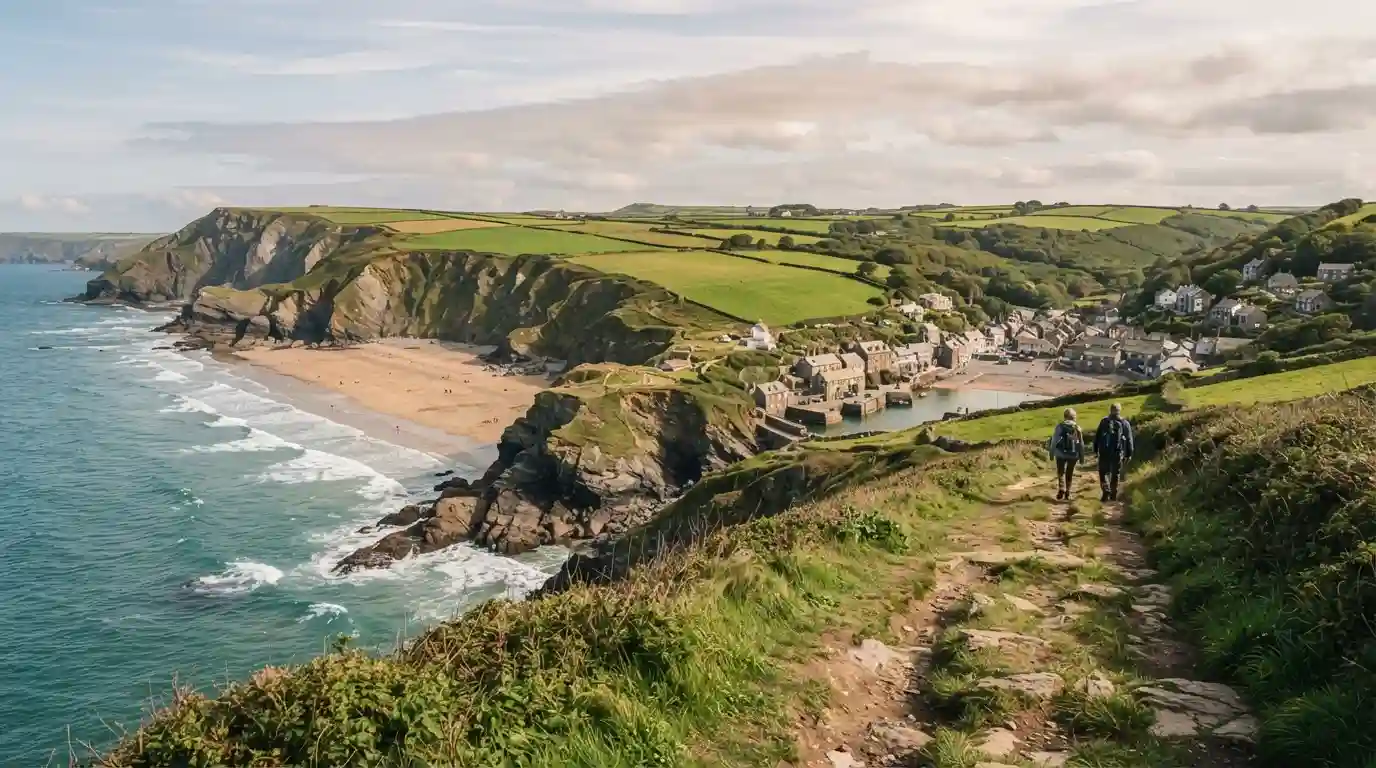 Dramatic South West England coastline with green countryside, sandy beach, and historic village