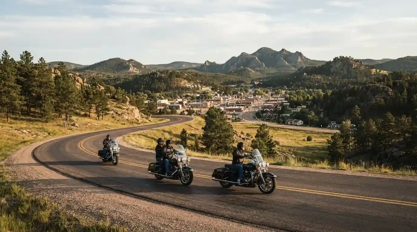 Scenic Sturgis South Dakota landscape with motorcycles traveling through the Black Hills