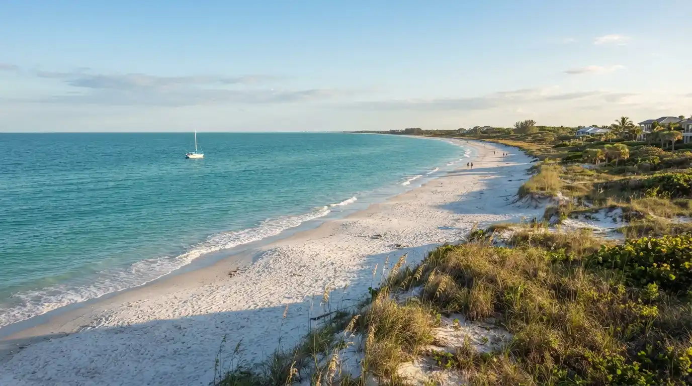 White-sand Gulf Coast beach with turquoise water, coastal dunes, and a boat offshore