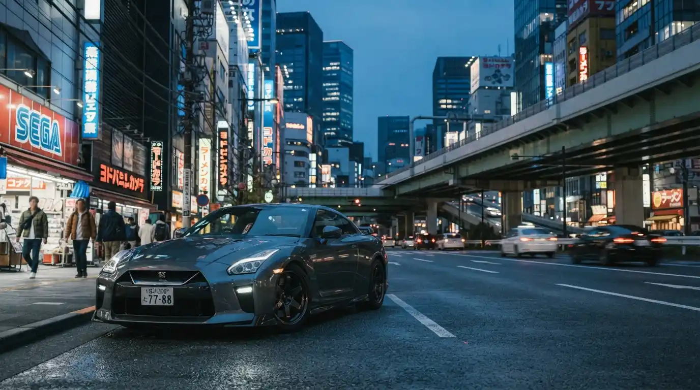 Japanese performance car parked against Tokyo's illuminated urban skyline
