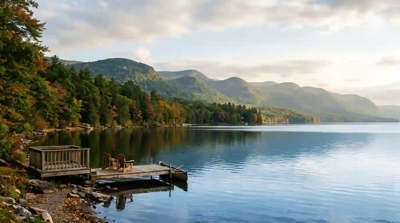 A peaceful lake surrounded by forested mountains in upstate New York.