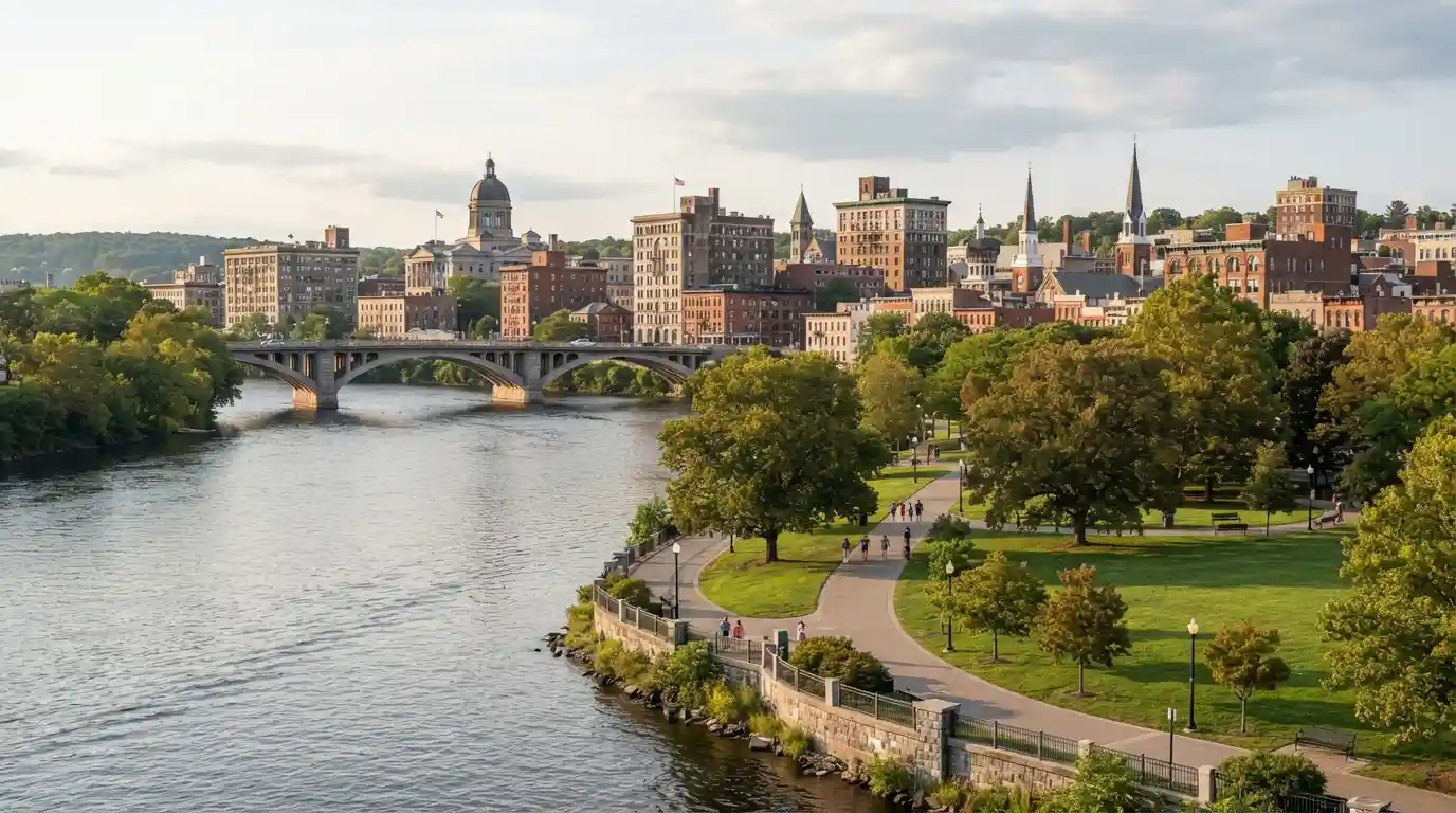 Wilkes-Barre Pennsylvania riverfront park and historic downtown scenery