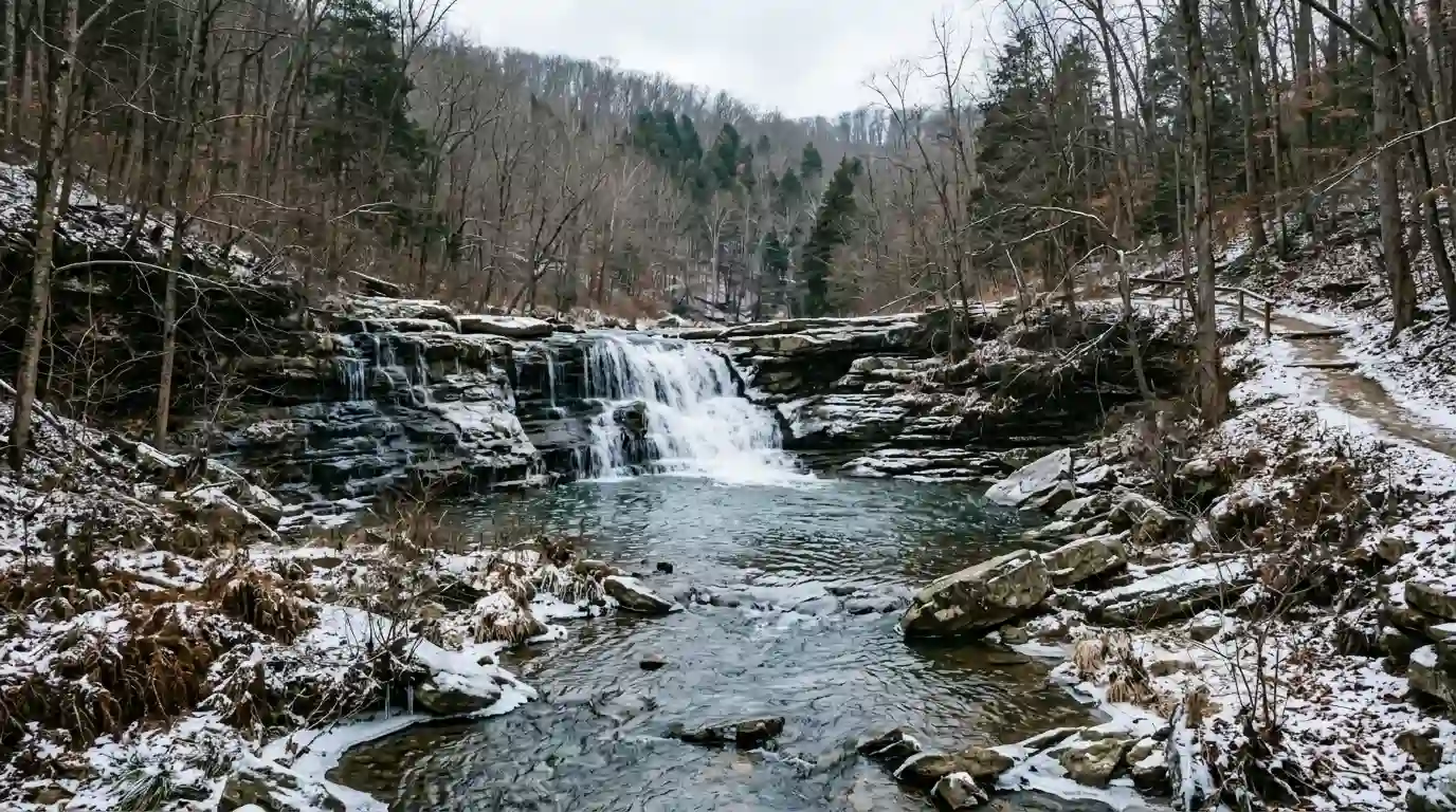 A Kentucky waterfall flowing over rocky ledges surrounded by winter trees and a lightly frosted landscape