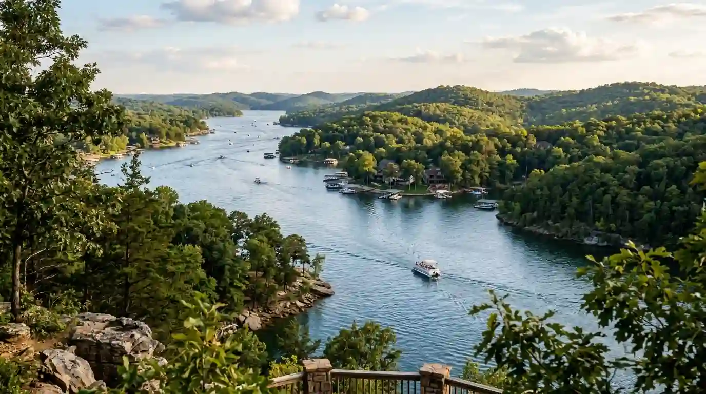 Blue waters of Lake of the Ozarks surrounded by forested hills and a recreational boat.