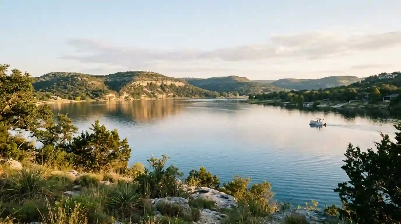 Lake Marble Falls surrounded by the rolling limestone hills of the Texas Hill Country.